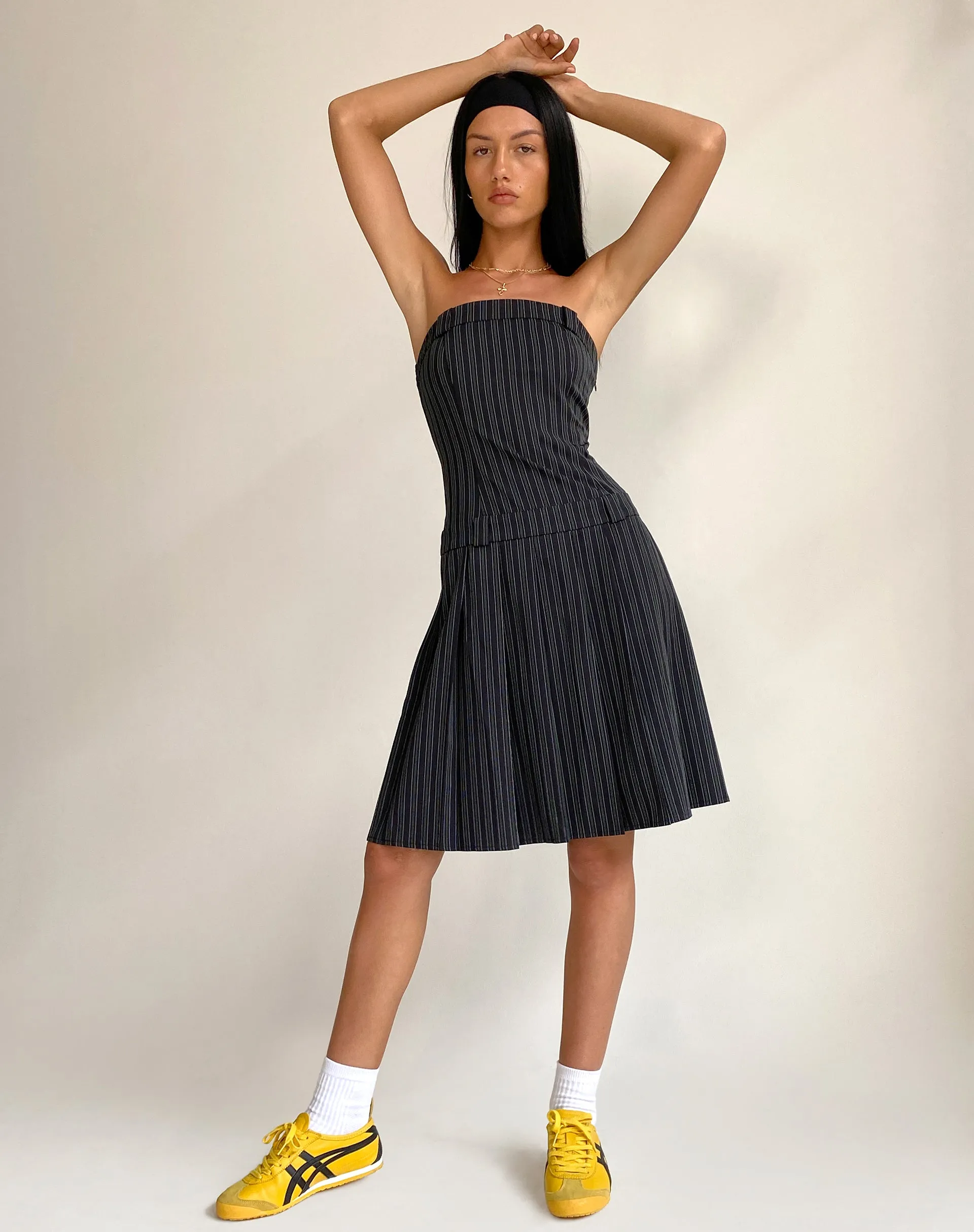 Aldari Bandeau Midi Dress in Tailoring Black Pinstripe sold by Motel Rocks product image thumbnail 4