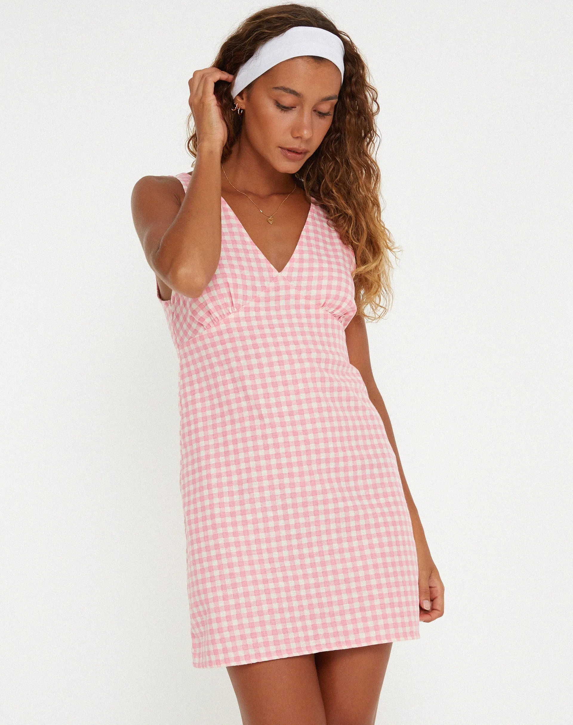 Eluned Mini Dress in Gingham Pink sold by Motel Rocks