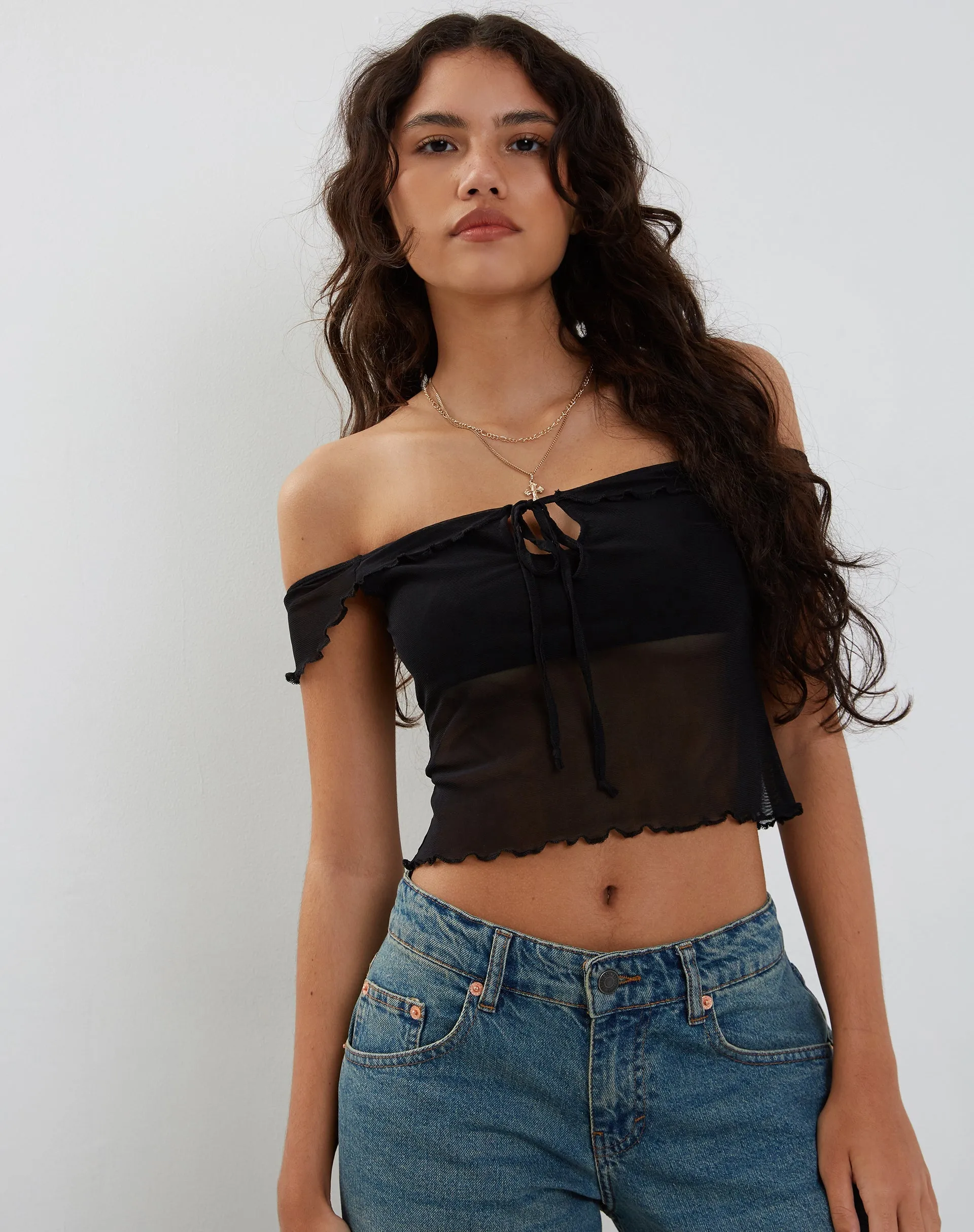 Nabil Bardot Top in Mesh Black sold by Motel Rocks