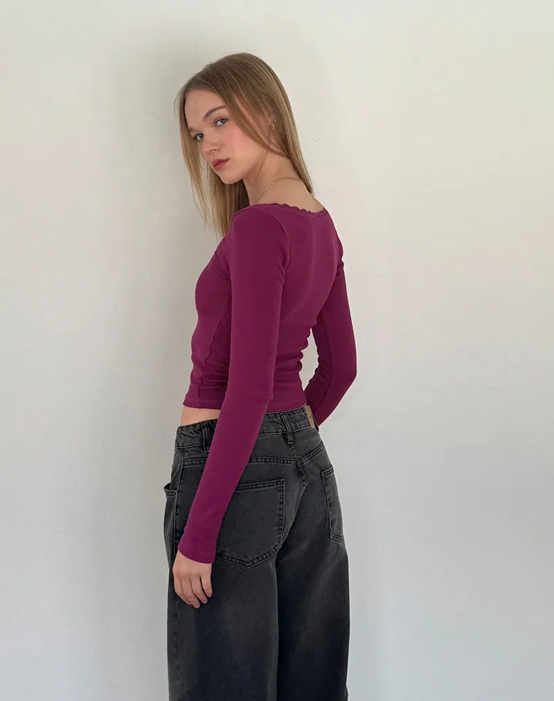 Bovita Long Sleeve Ribbed Top in Berry sold by Motel Rocks product image thumbnail 3