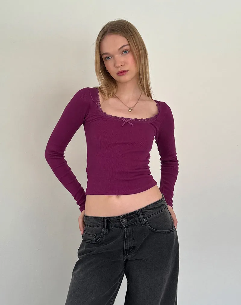 Bovita Long Sleeve Ribbed Top in Berry sold by Motel Rocks