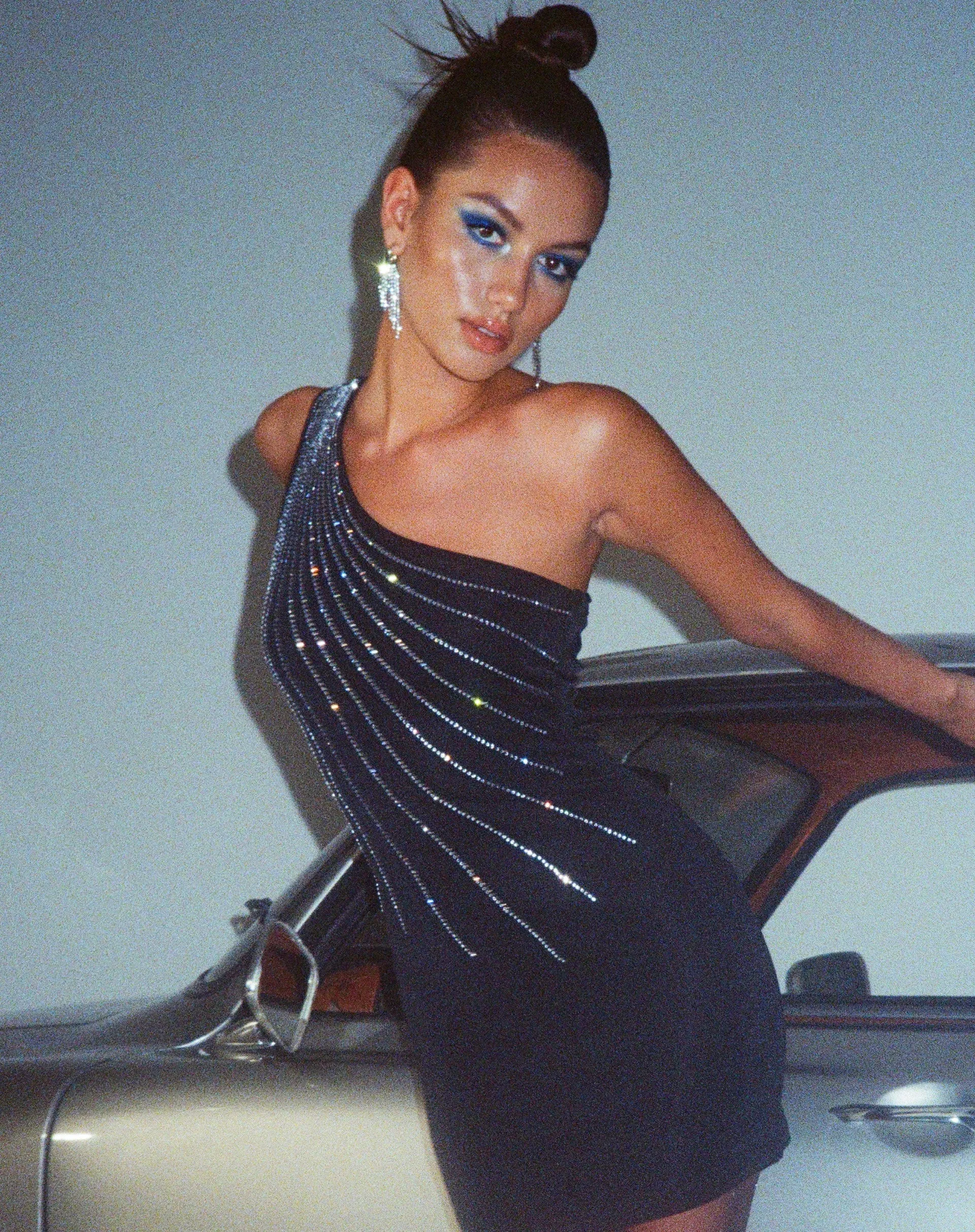 Mandan Mini Dress in Crepe Black Hotfix Diamante sold by Motel Rocks