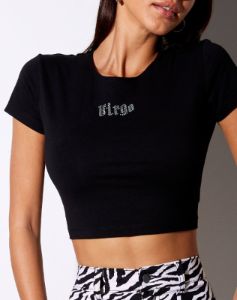 Tiney Crop Tee in Black 'Virgo' Diamante sold by Motel Rocks