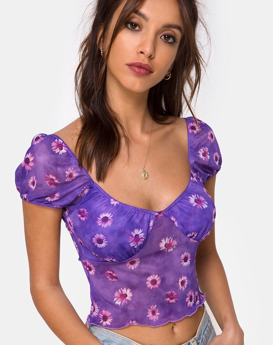 Glasty Crop Top in Purple Daisy Daze sold by Motel Rocks