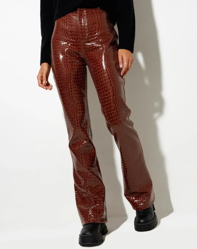 Zoven Flare Trouser in Croc PU Brown sold by Motel Rocks