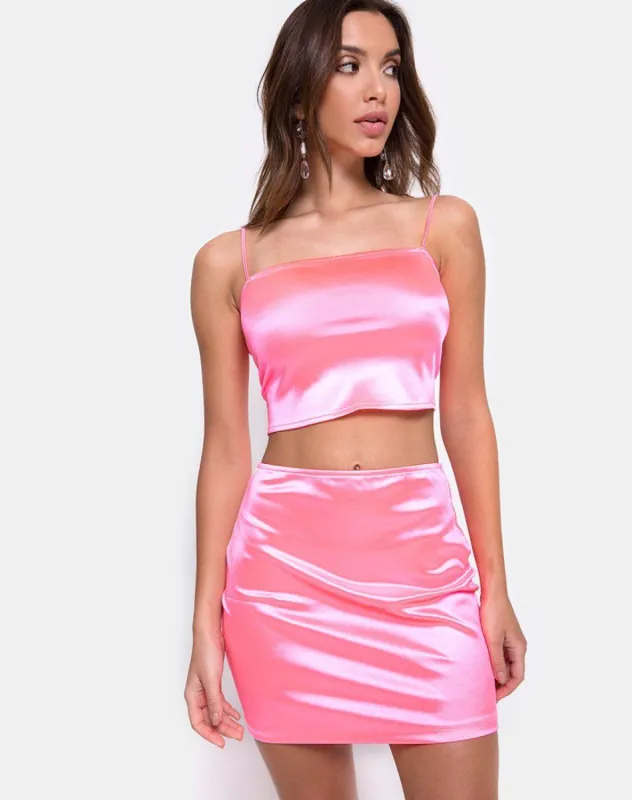 Cherry Skirt in Fluro Pink Satin sold by Motel Rocks