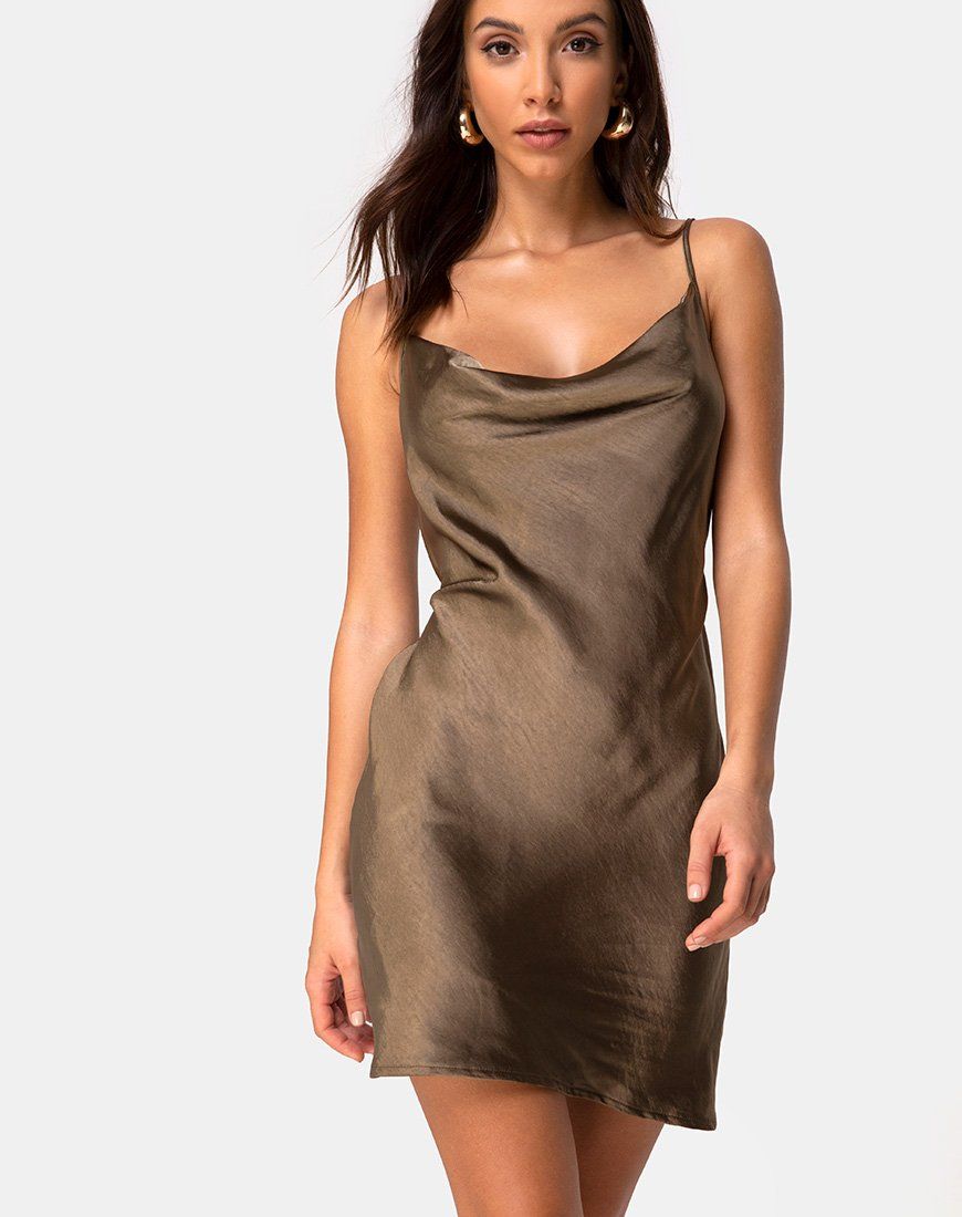 Paiva Slip Dress in Satin Khaki sold by Motel Rocks