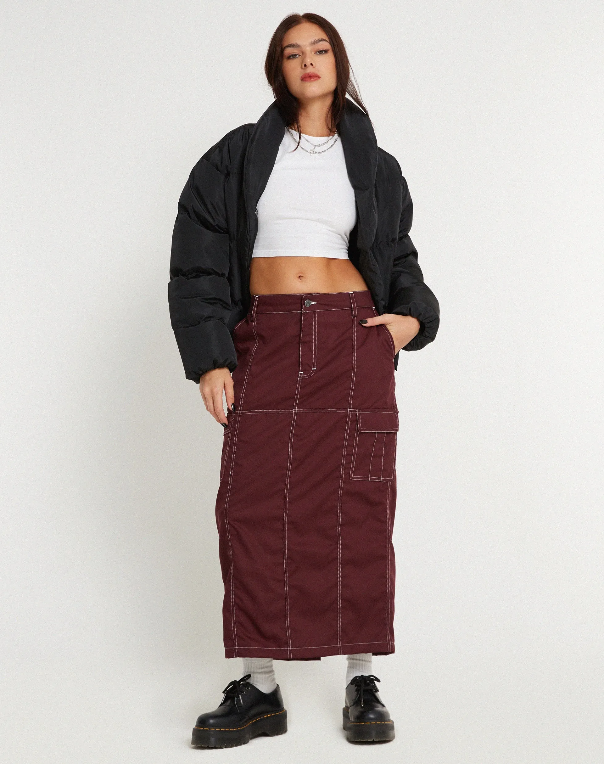 Widya Cargo Midi Skirt in Cotton Drill Redwood with White Top Stitch sold by Motel Rocks product image thumbnail 4