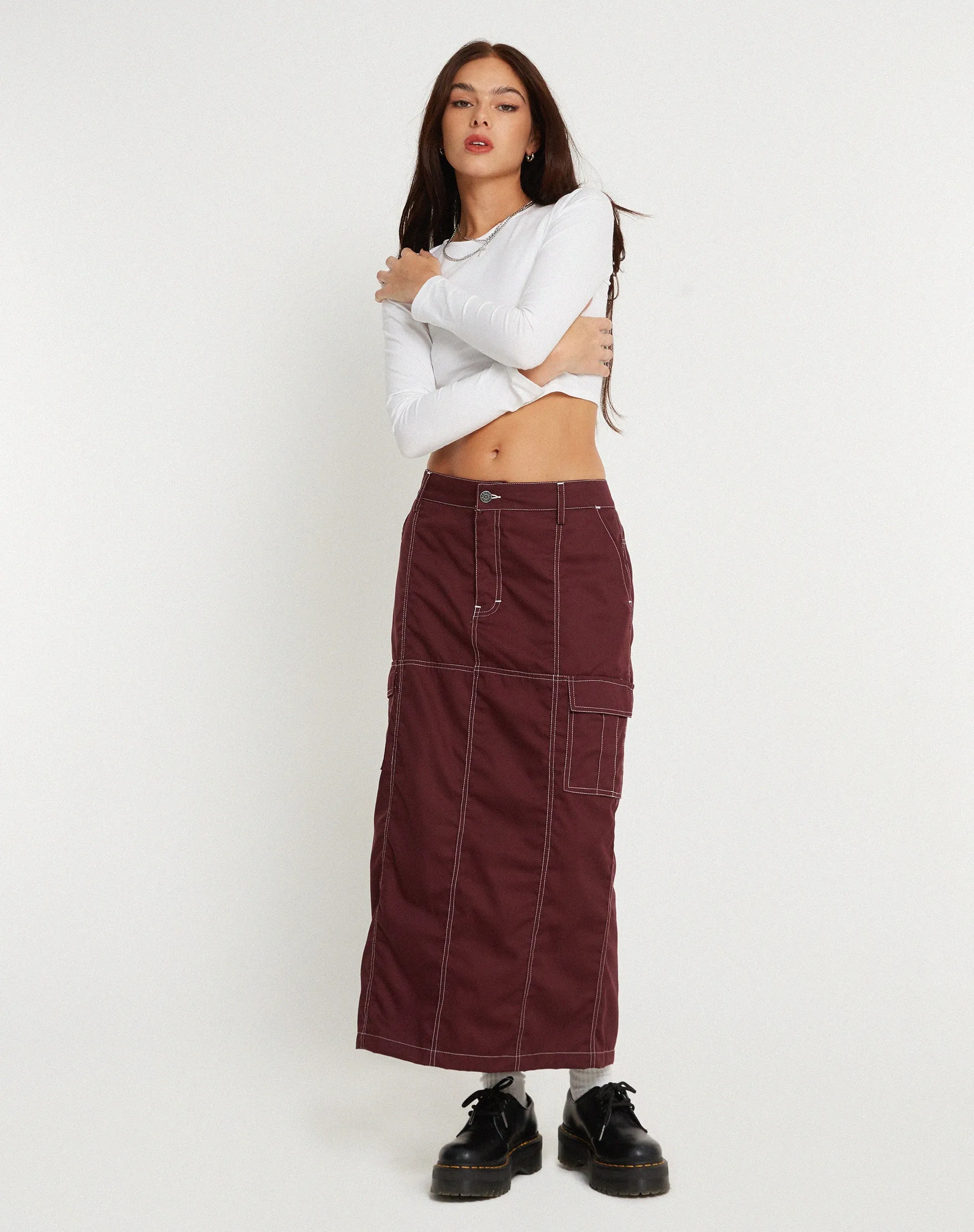 Widya Cargo Midi Skirt in Cotton Drill Redwood with White Top Stitch sold by Motel Rocks product image thumbnail 2