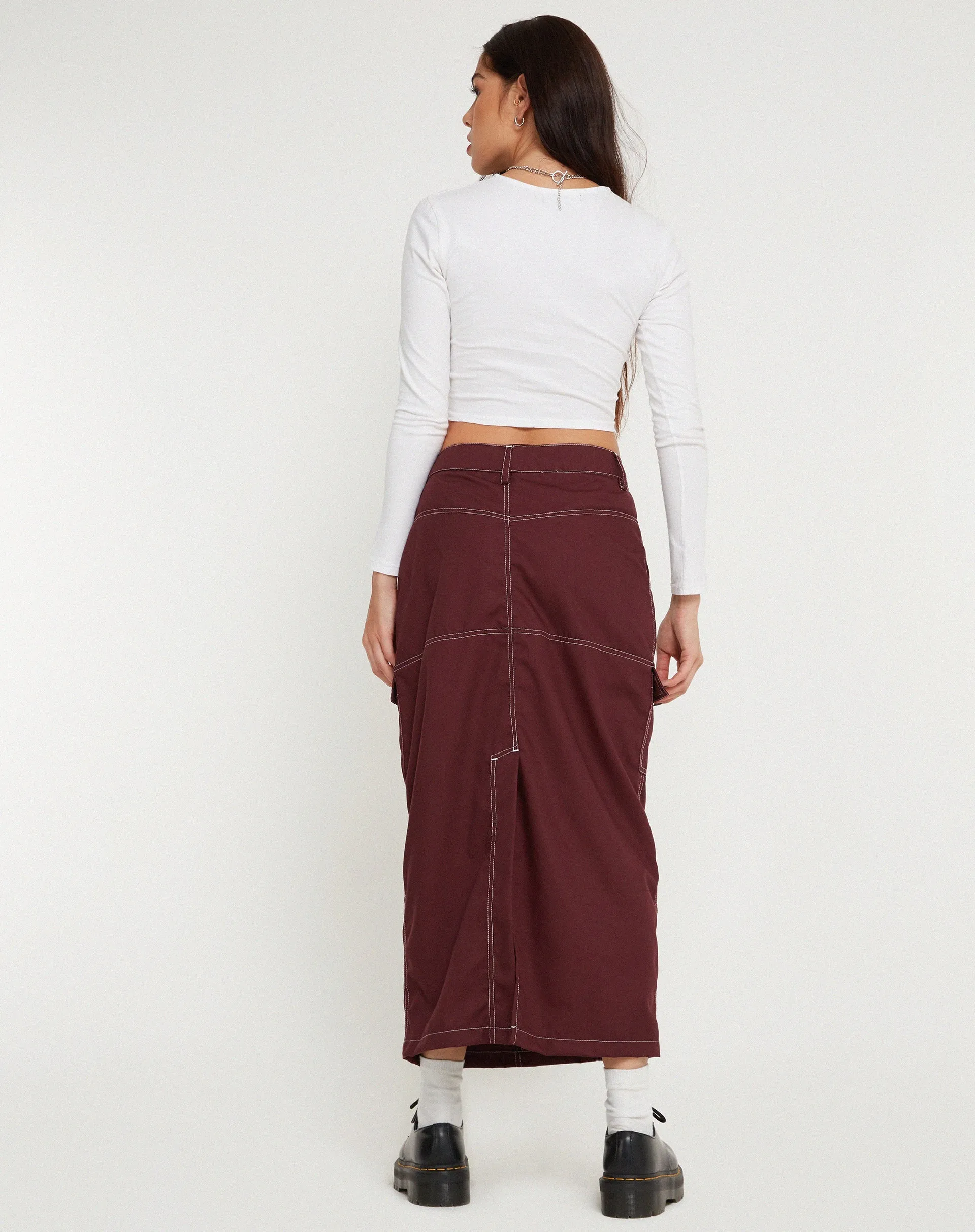Widya Cargo Midi Skirt in Cotton Drill Redwood with White Top Stitch sold by Motel Rocks product image thumbnail 5