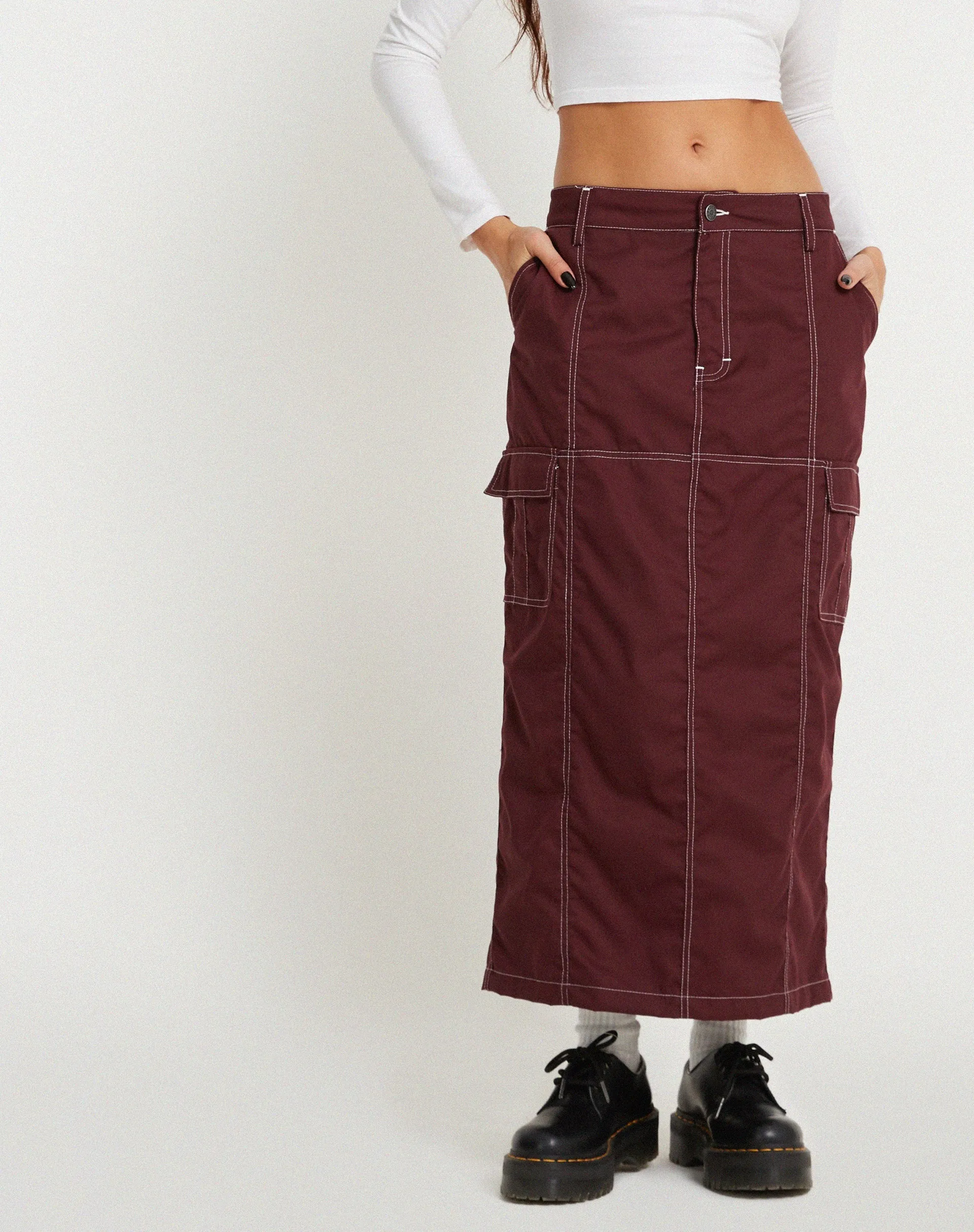 Widya Cargo Midi Skirt in Cotton Drill Redwood with White Top Stitch sold by Motel Rocks product image thumbnail 3
