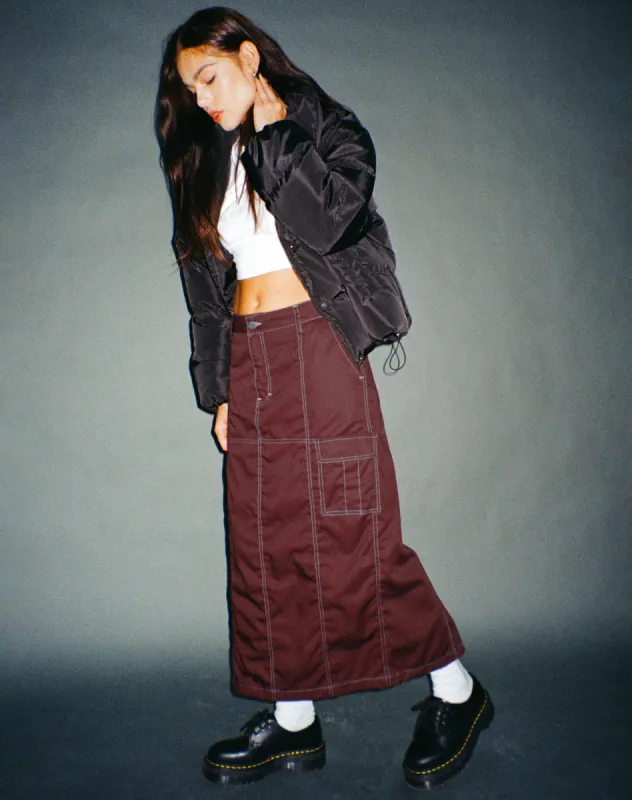 Widya Cargo Midi Skirt in Cotton Drill Redwood with White Top Stitch sold by Motel Rocks