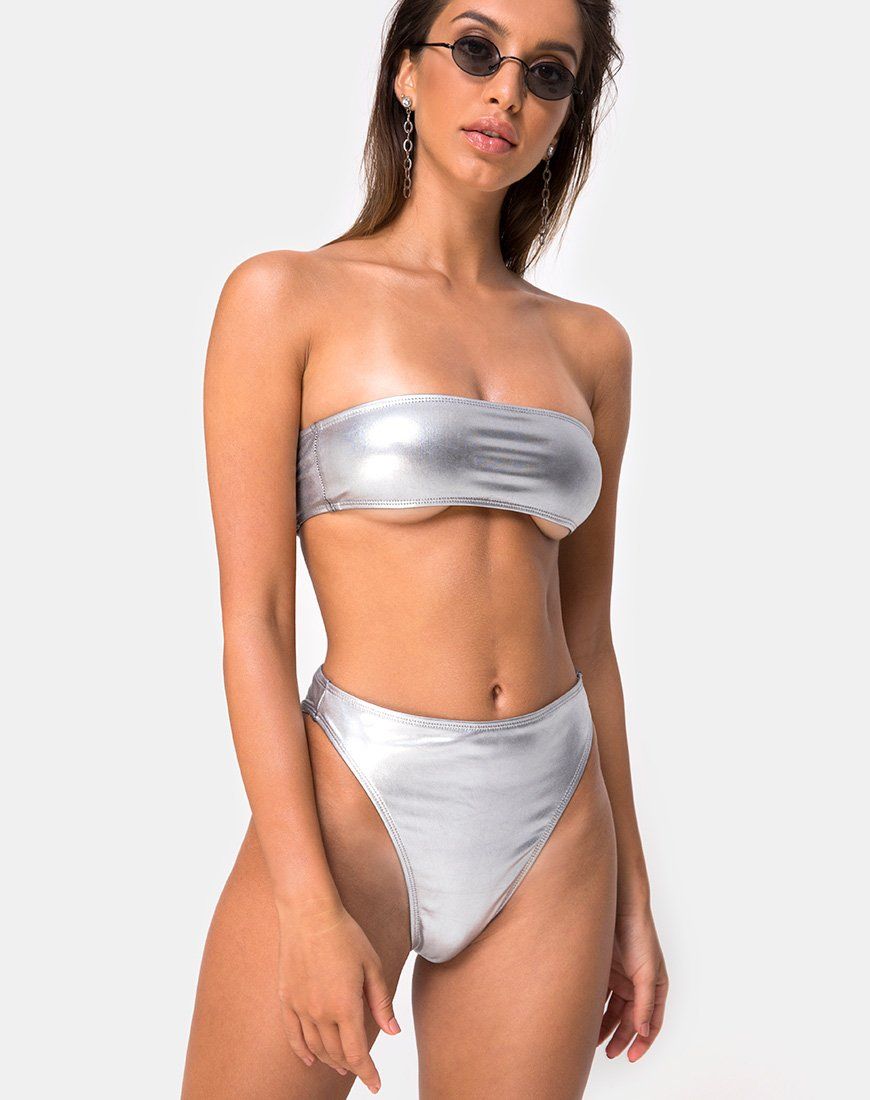 Lien Bikini Top in Metallic Silver sold by Motel Rocks