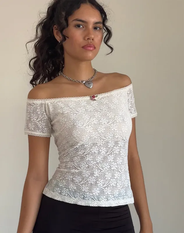 Mageina Bardot Top in Lace Ivory sold by Motel Rocks