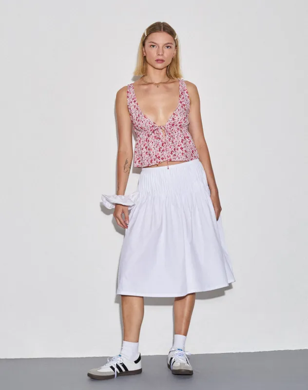 Asada Pleated Waist Midi Skirt in Poplin White sold by Motel Rocks