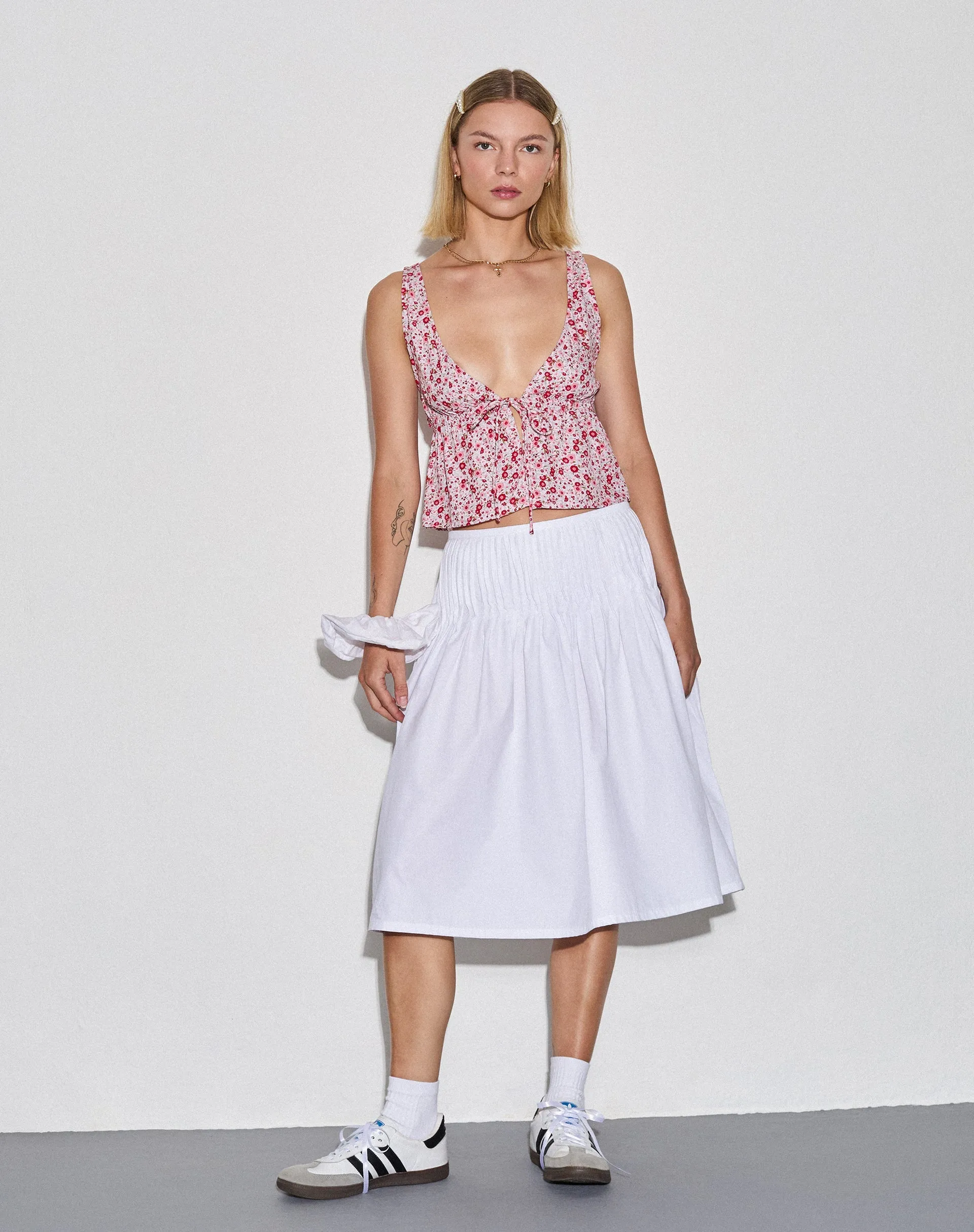 Asada Pleated Waist Midi Skirt in Poplin White sold by Motel Rocks