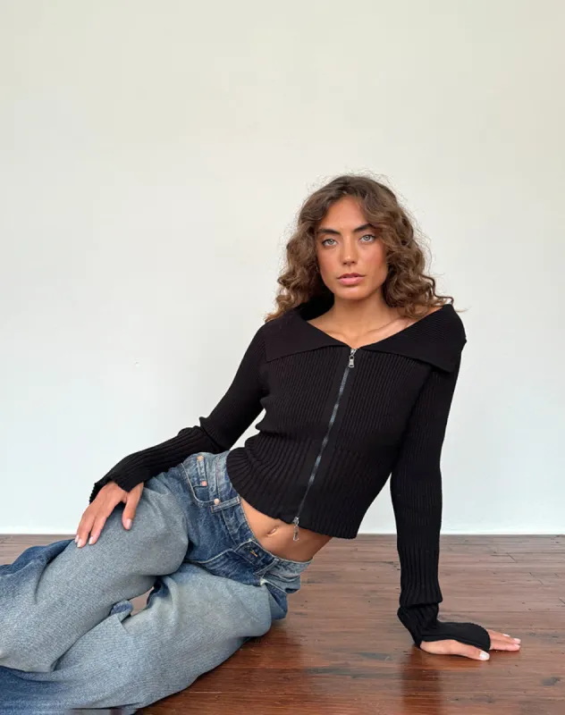 Radia Long Sleeve Off-Shoulder Zip Through Jumper in Black made by Motel Rocks