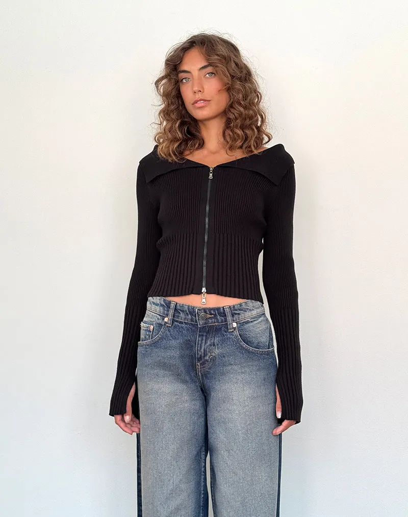Radia Long Sleeve Off-Shoulder Zip Through Jumper in Black sold by Motel Rocks product image thumbnail 4