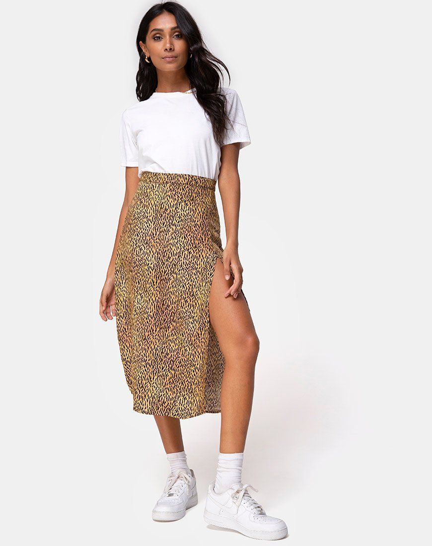 Saika Midi Skirt in Mini Tiger Brown sold by Motel Rocks