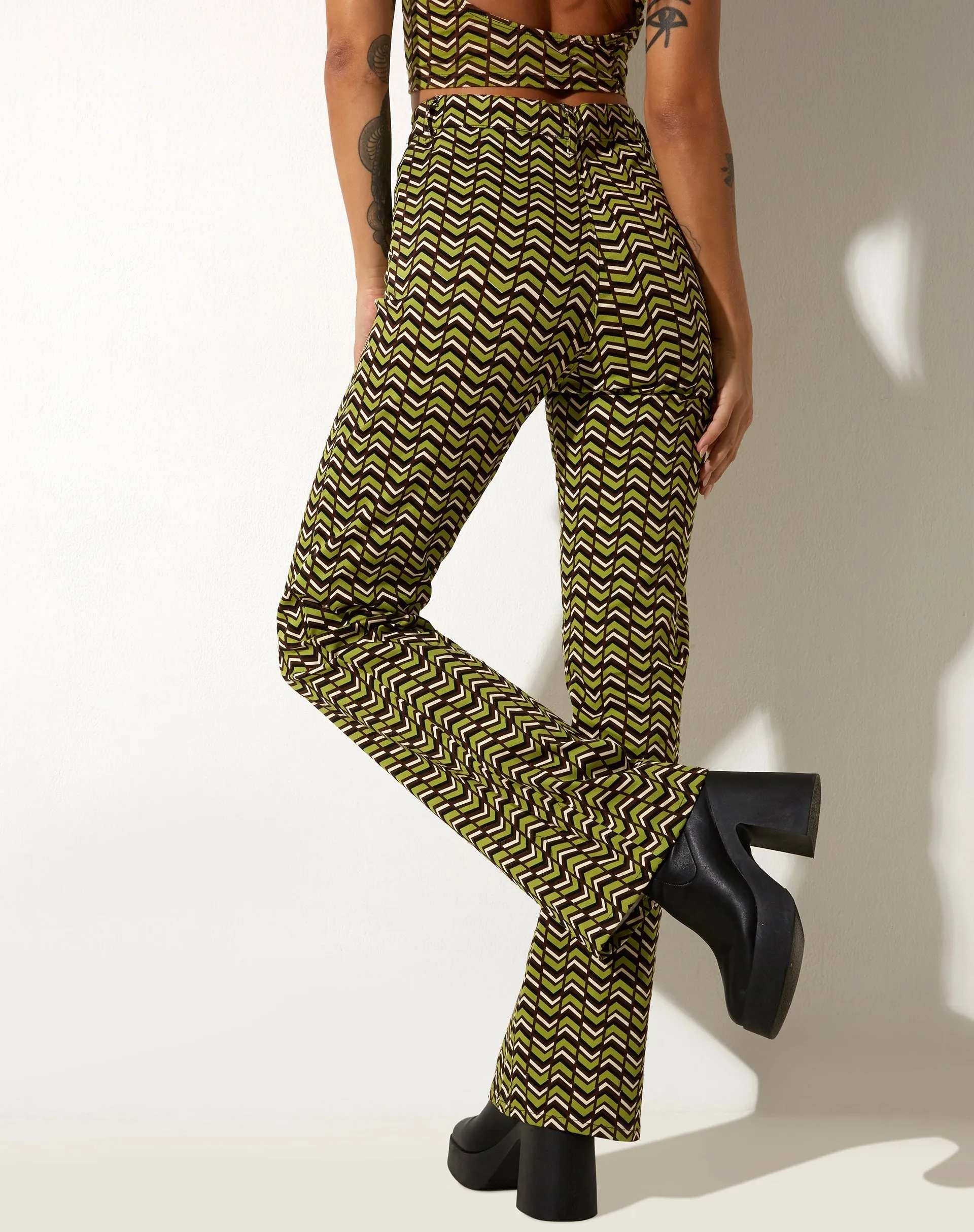 Zoven Flare Trouser in Chevron Green sold by Motel Rocks product image thumbnail 2