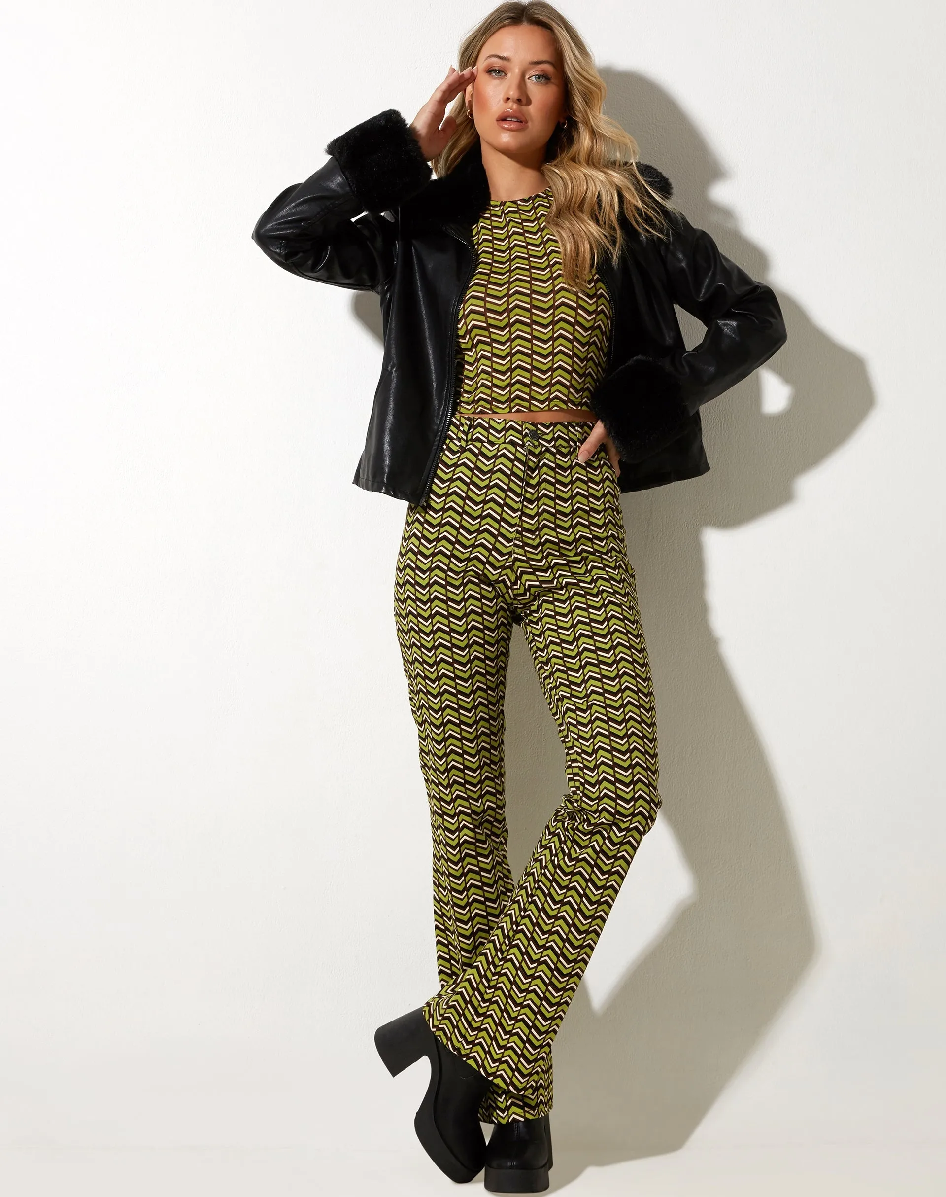Zoven Flare Trouser in Chevron Green sold by Motel Rocks product image thumbnail 3