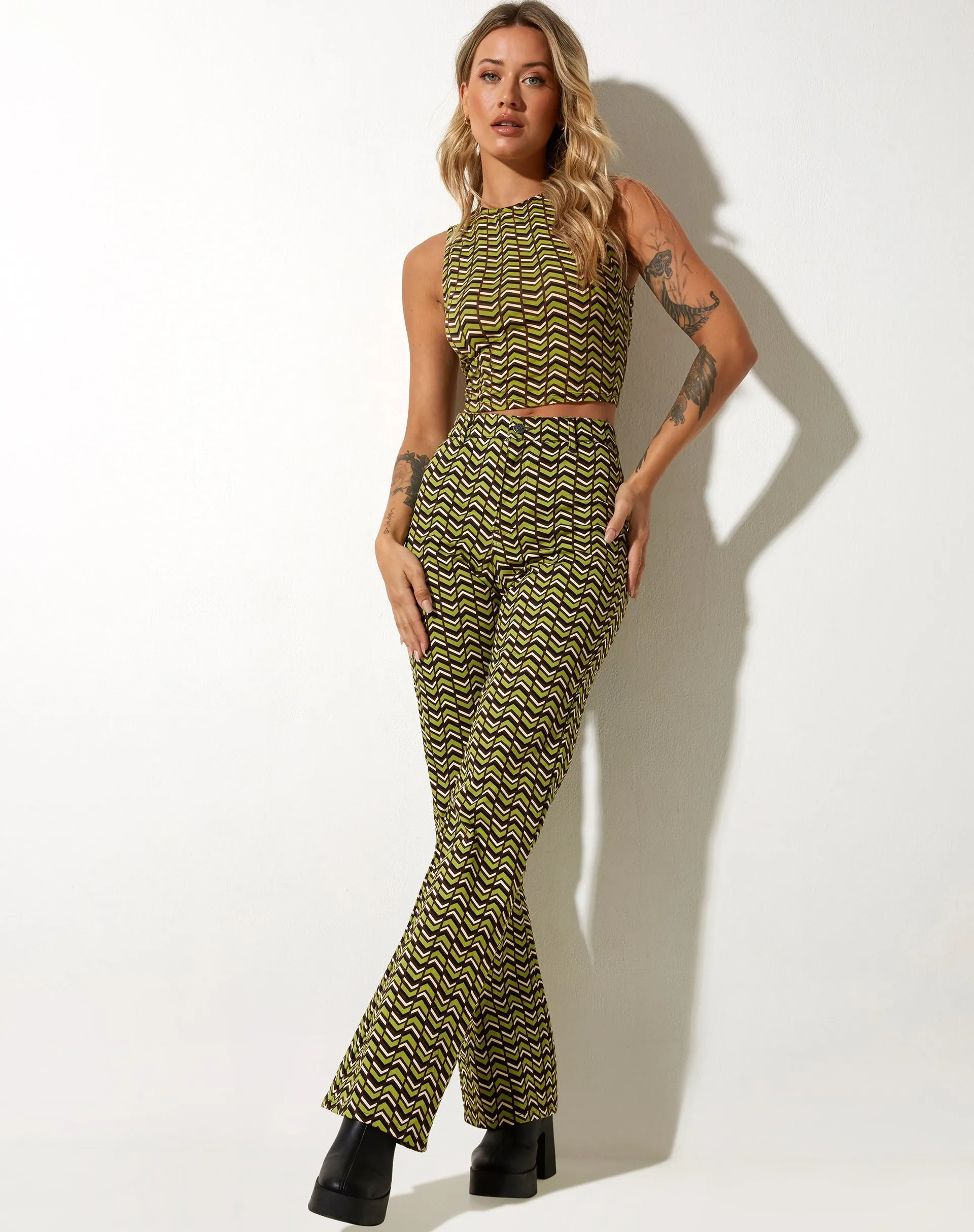 Zoven Flare Trouser in Chevron Green sold by Motel Rocks product image thumbnail 4