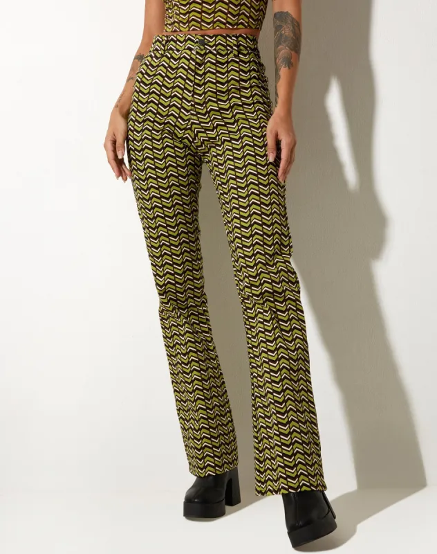 Zoven Flare Trouser in Chevron Green sold by Motel Rocks