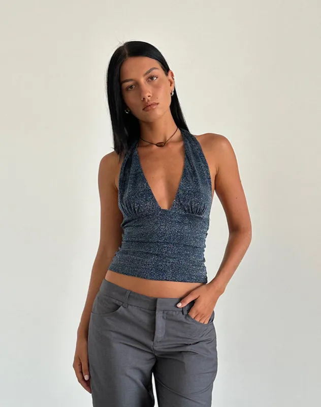 Cosimo Halterneck Top in Midnight Shimmer sold by Motel Rocks