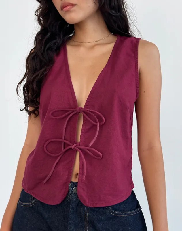 Kayve Tie Front Top in Burgundy sold by Motel Rocks
