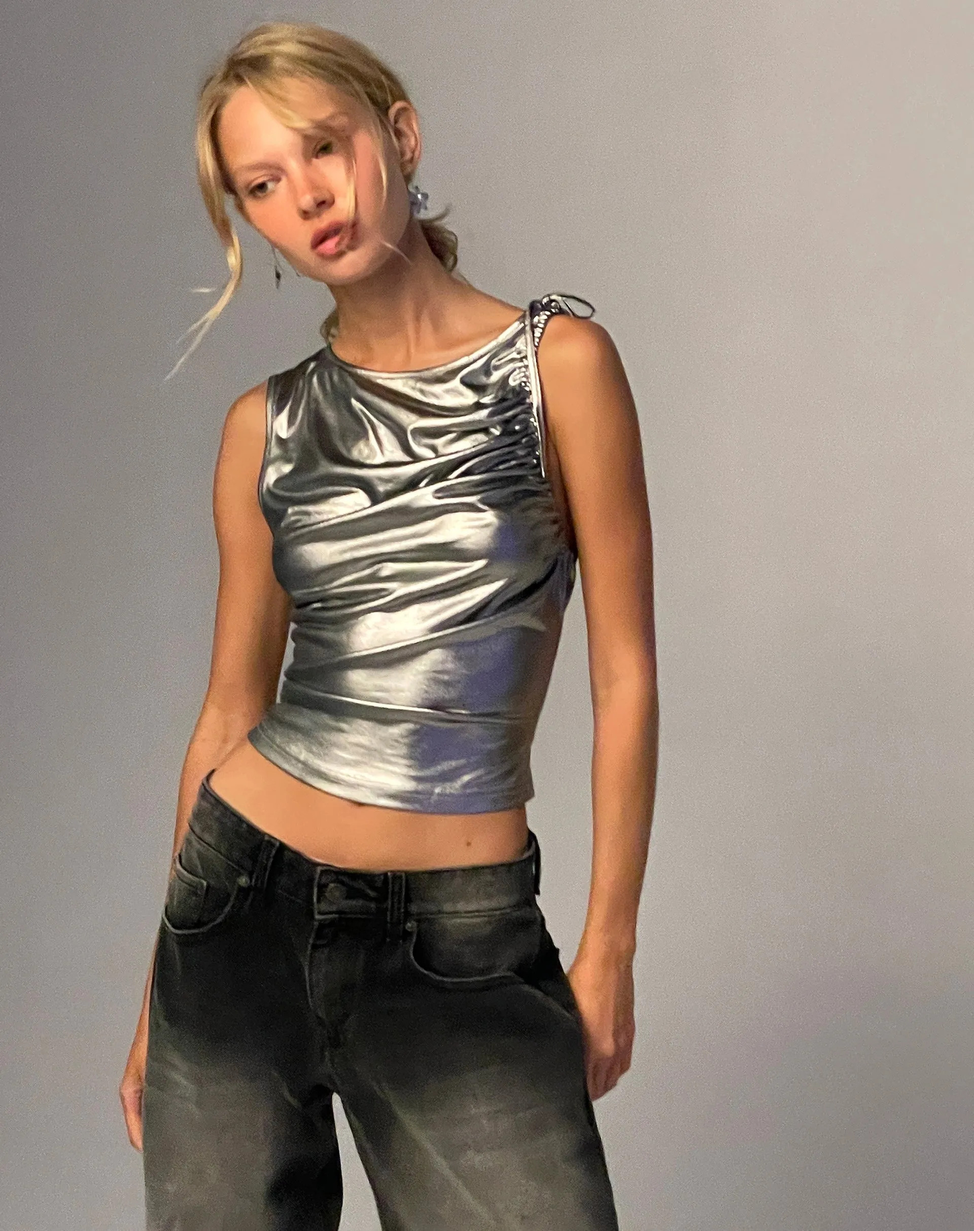 Hagne Vest Top in Metallic Silver sold by Motel Rocks