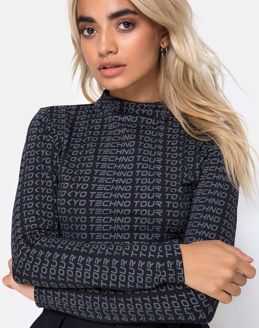 Rhala Crop Top in Tokyo Techno Tour Black sold by Motel Rocks