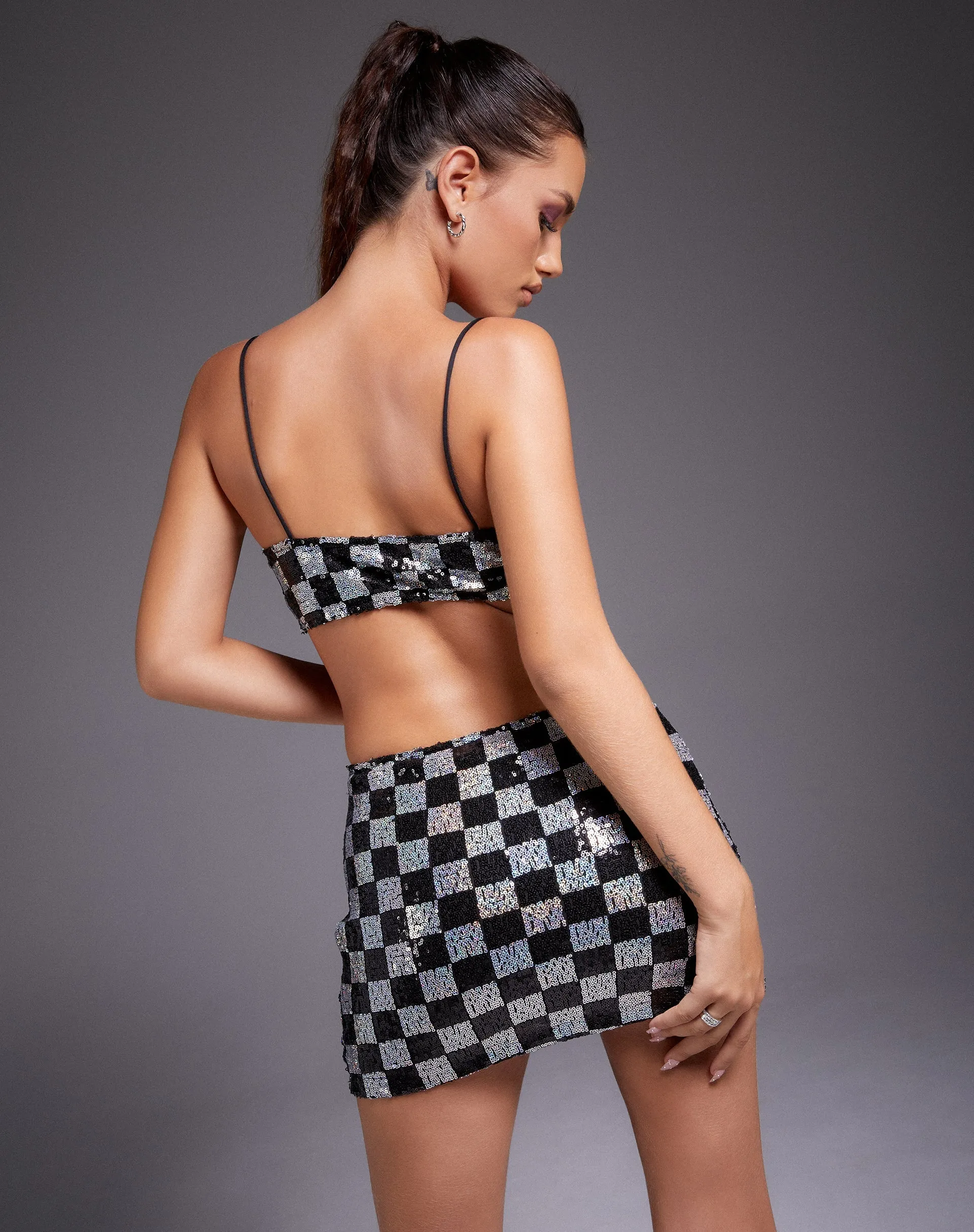 Keyan Tube Top in Checkerboard Sequin Black and Silver sold by Motel Rocks product image thumbnail 4