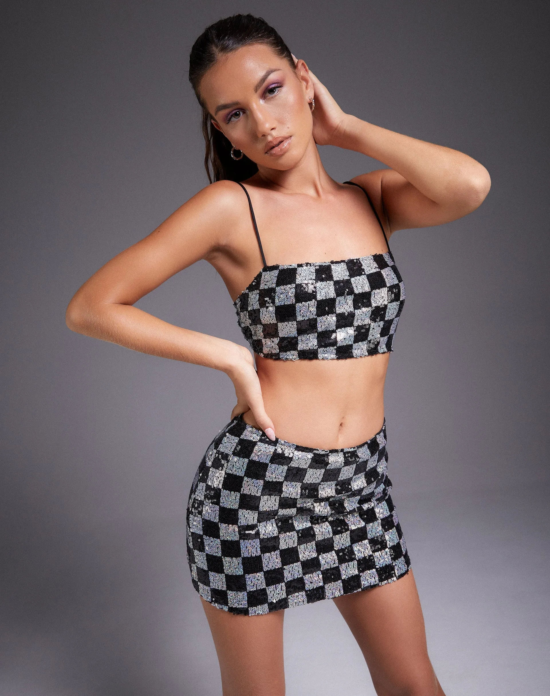 Keyan Tube Top in Checkerboard Sequin Black and Silver sold by Motel Rocks product image thumbnail 2