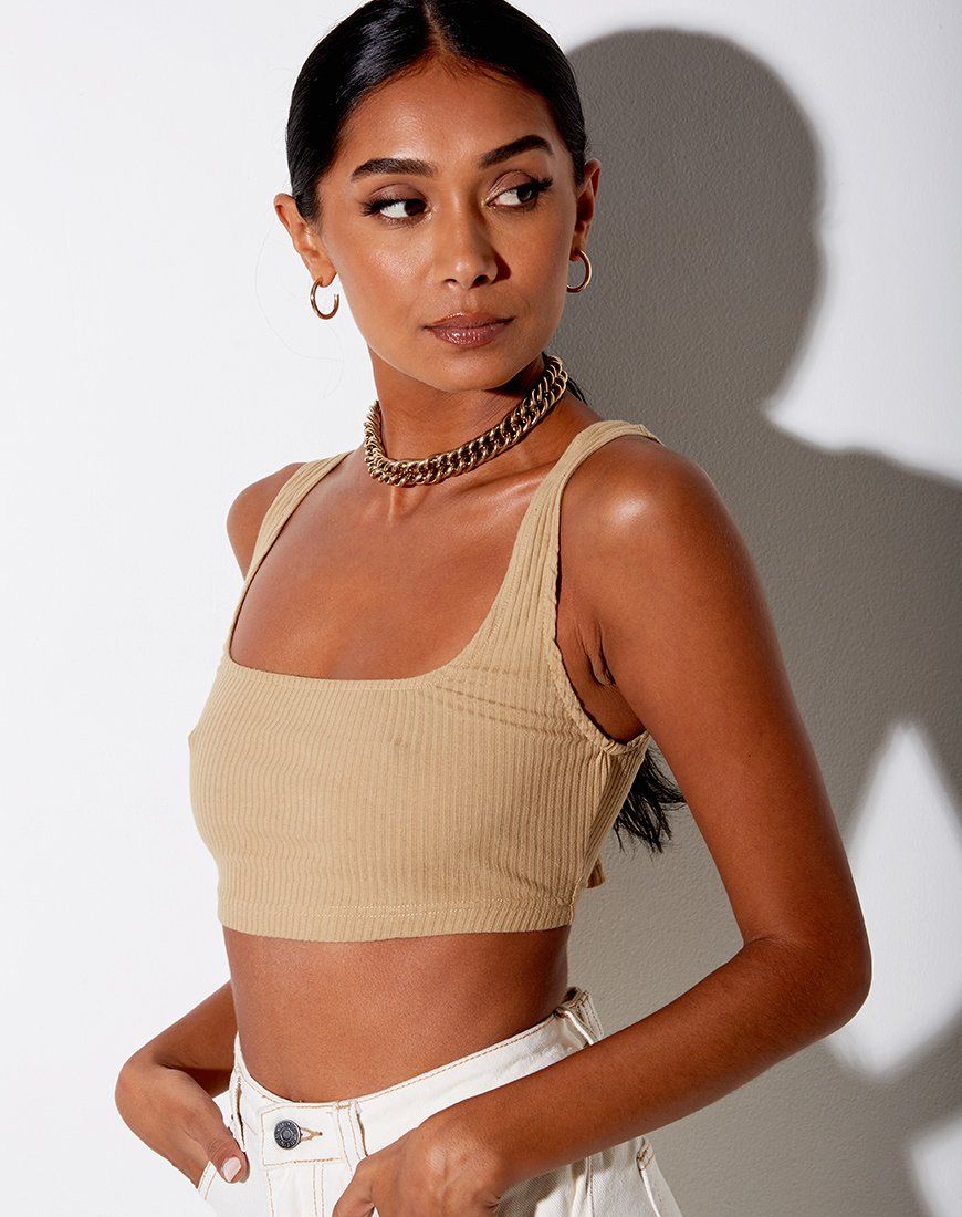 Adela Crop Top in Rib Camel sold by Motel Rocks