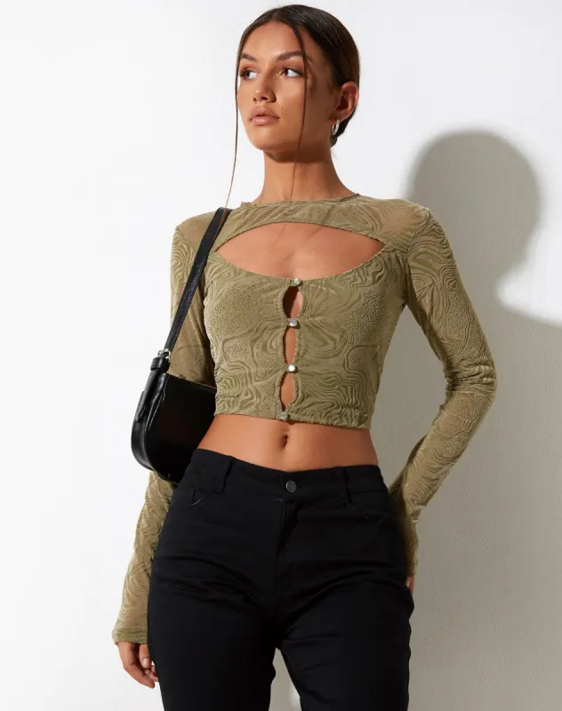 Techin Crop Top in Mixed Animal Flock Olive sold by Motel Rocks