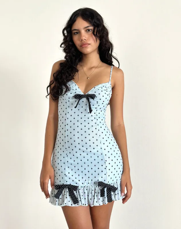 Khalil Mini Dress in Blue Black Basic Polka sold by Motel Rocks