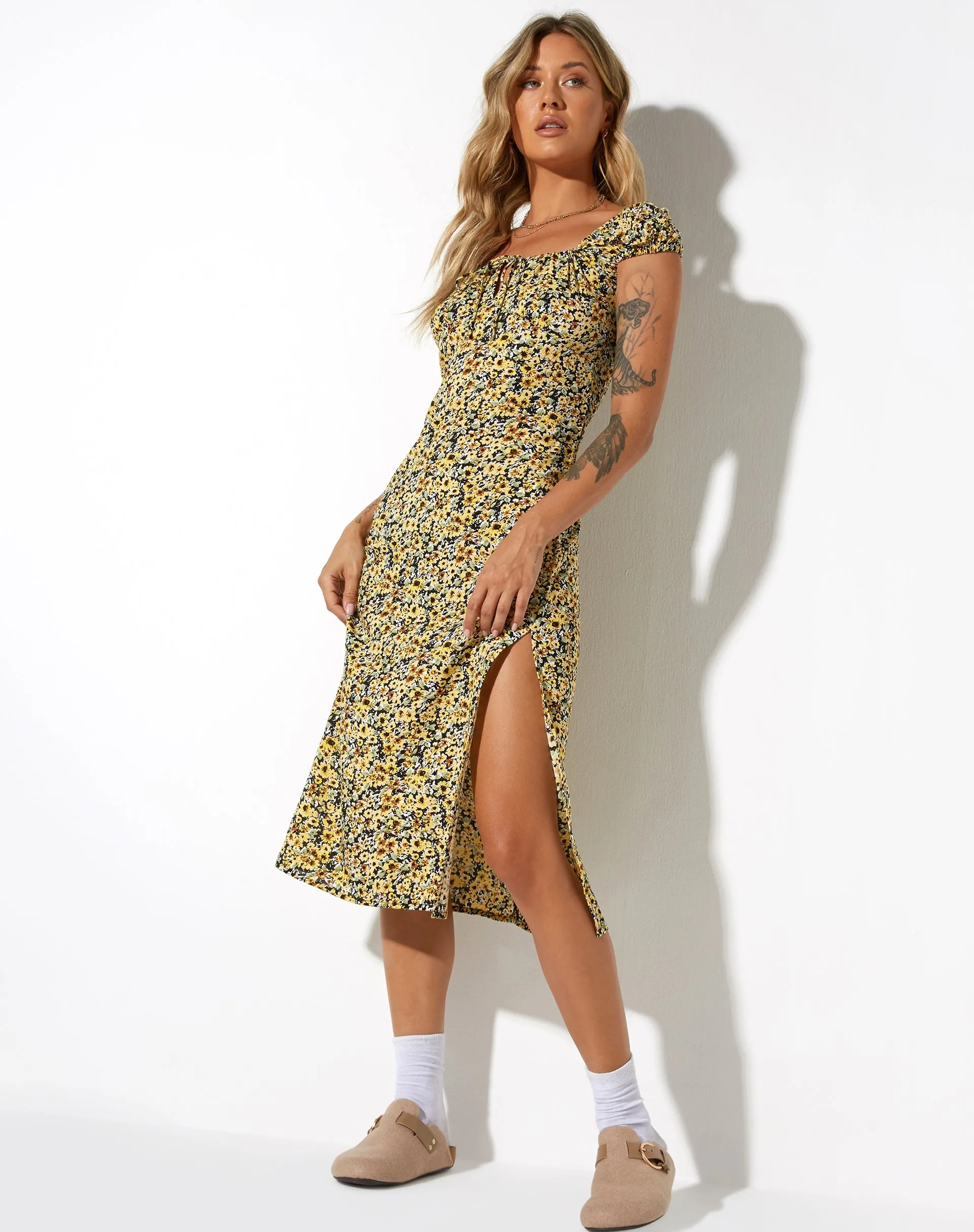 Lona Midi Dress in Spring Ditsy Yellow sold by Motel Rocks