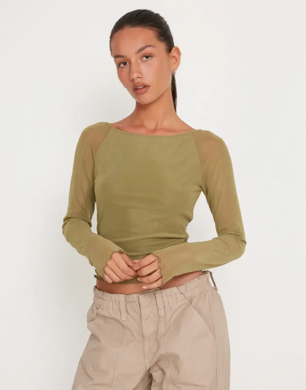 Mahira Long Sleeve Mesh Top in Olive sold by Motel Rocks