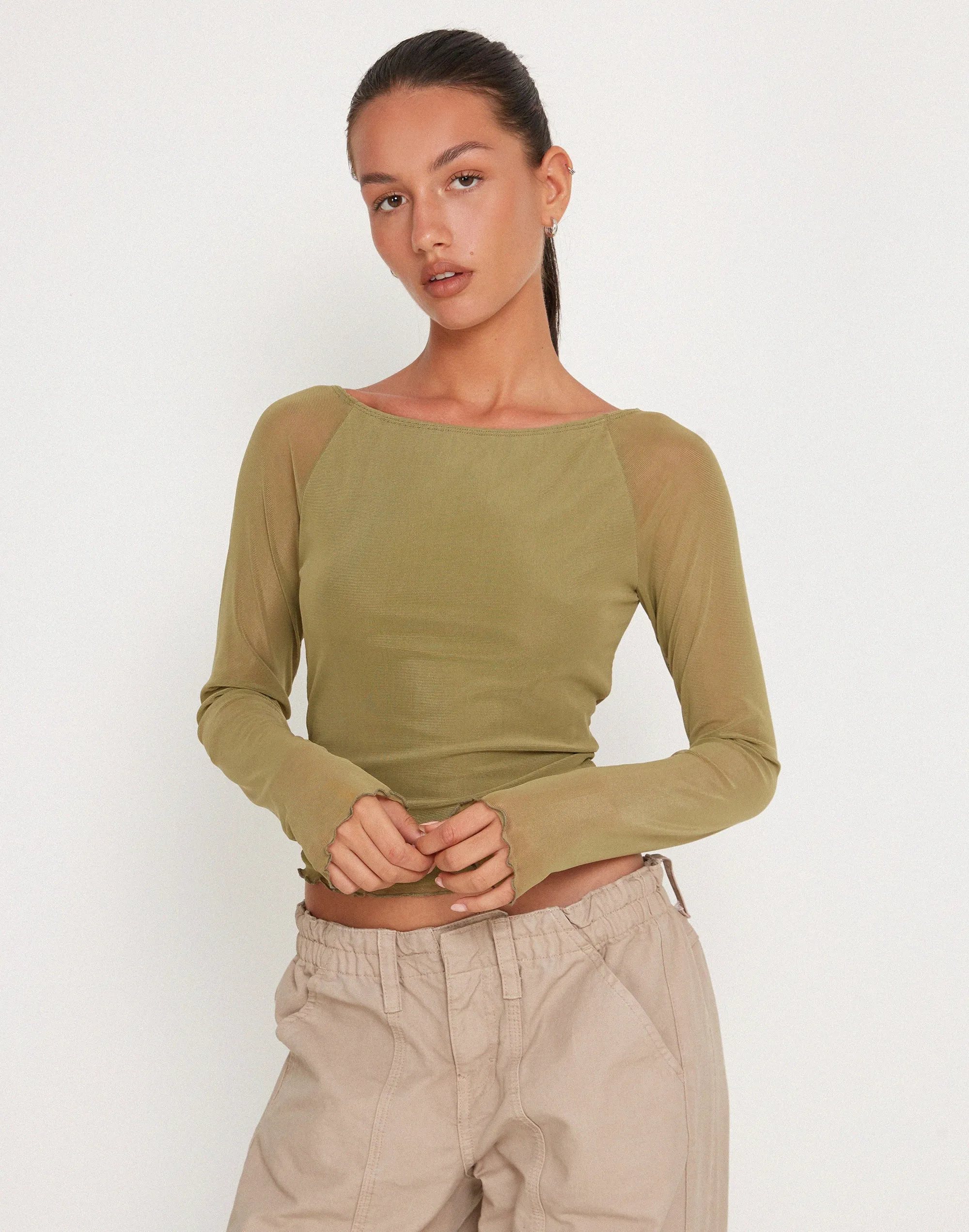 Mahira Long Sleeve Mesh Top in Olive sold by Motel Rocks
