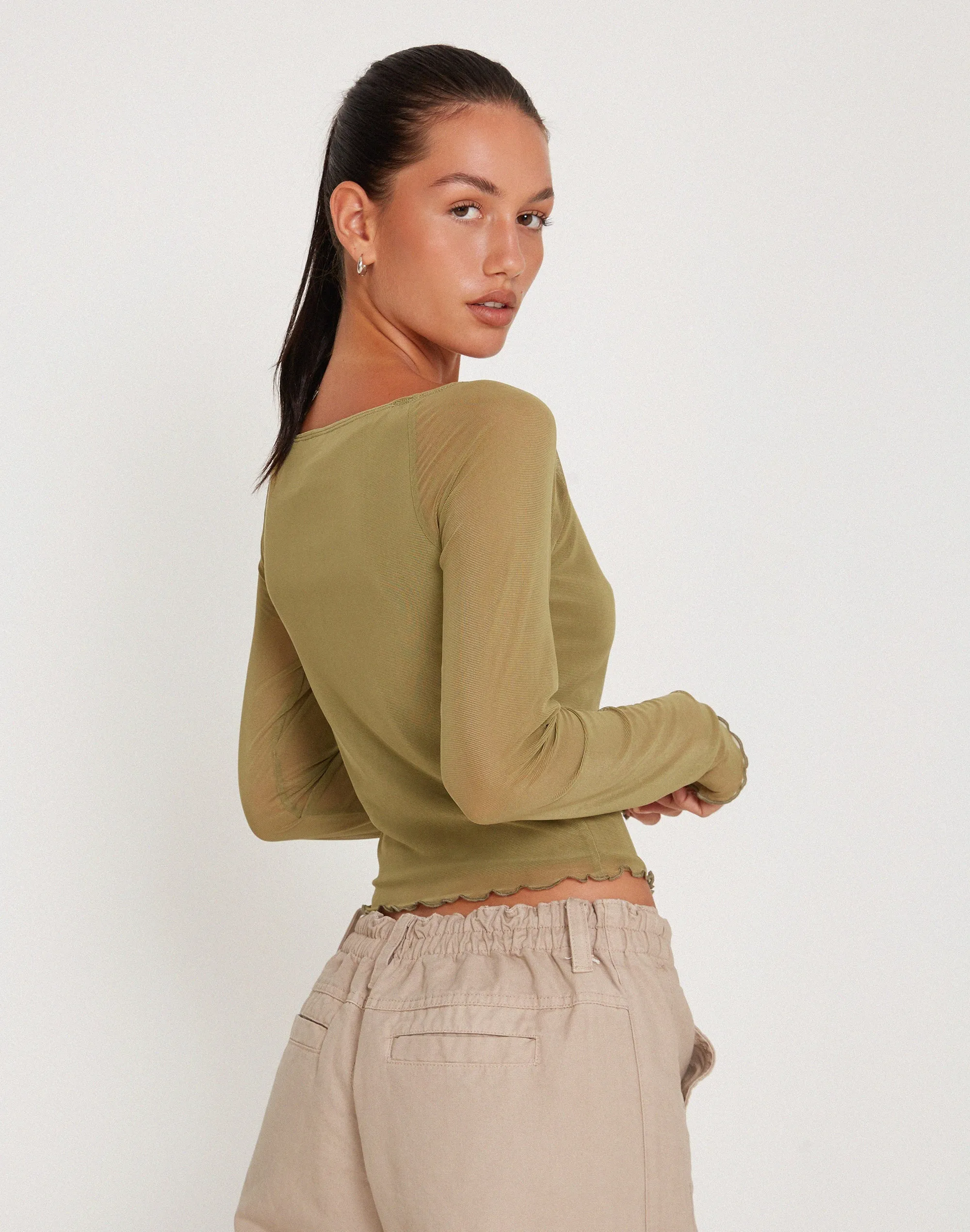 Mahira Long Sleeve Mesh Top in Olive sold by Motel Rocks product image thumbnail 3