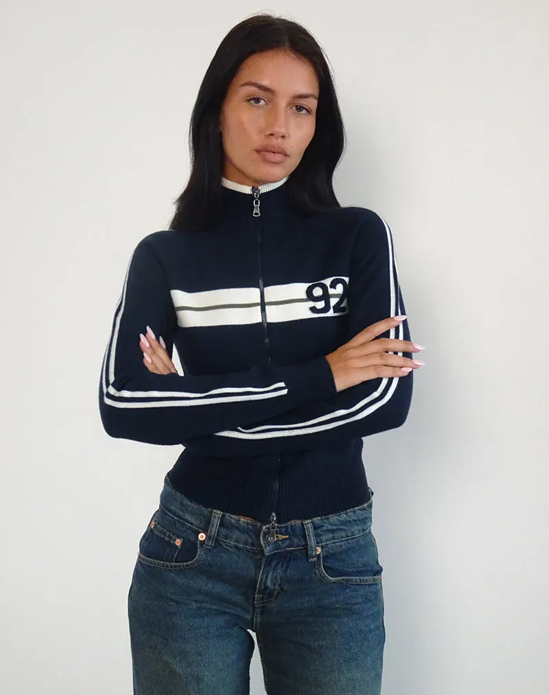 Takiya Zip Through Jacket in Deep Navy with 92 Design sold by Motel Rocks