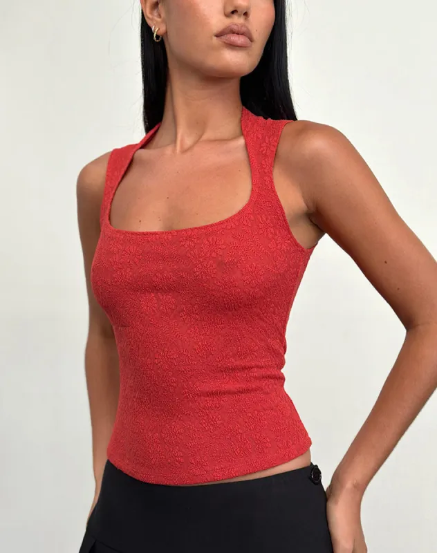 Jinsu Top in Textured Stretch Red sold by Motel Rocks