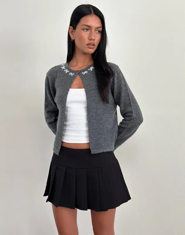 Wunara Cardigan in Grey with Ivory Bows sold by Motel Rocks