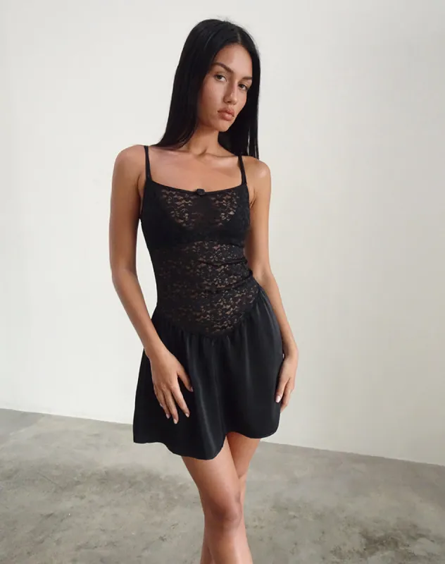 Alunan Slip Dress in Satin Lace Black sold by Motel Rocks