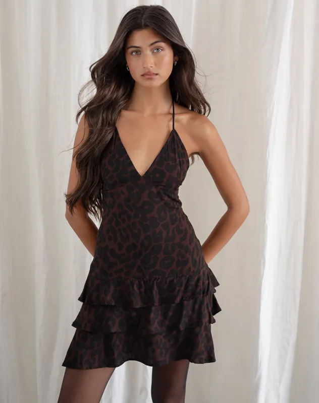 Nenita Halterneck Mini Dress in Oversize Jaguar Brown sold by Motel Rocks