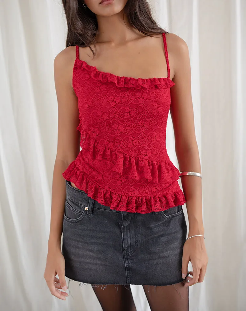 Octavia Asymmetric Cami Top in Lace Red sold by Motel Rocks