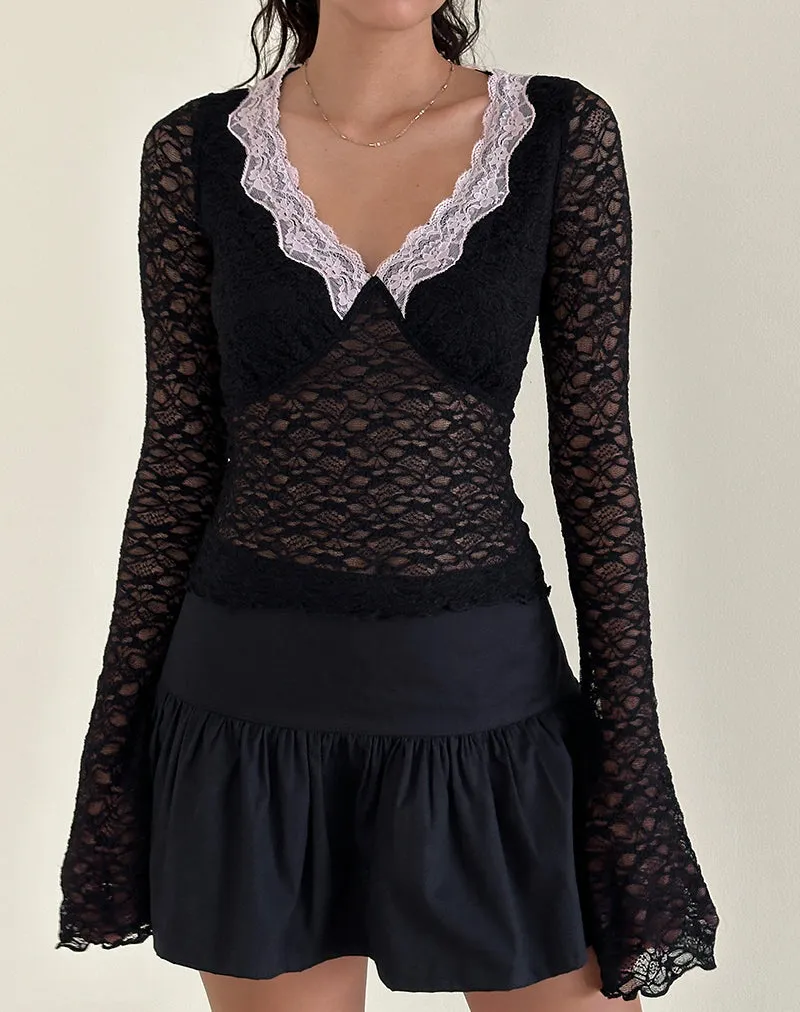Chantal Lace Top in Black with Pink Trim sold by Motel Rocks product image thumbnail 4
