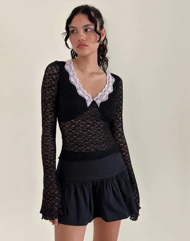 Chantal Lace Top in Black with Pink Trim sold by Motel Rocks