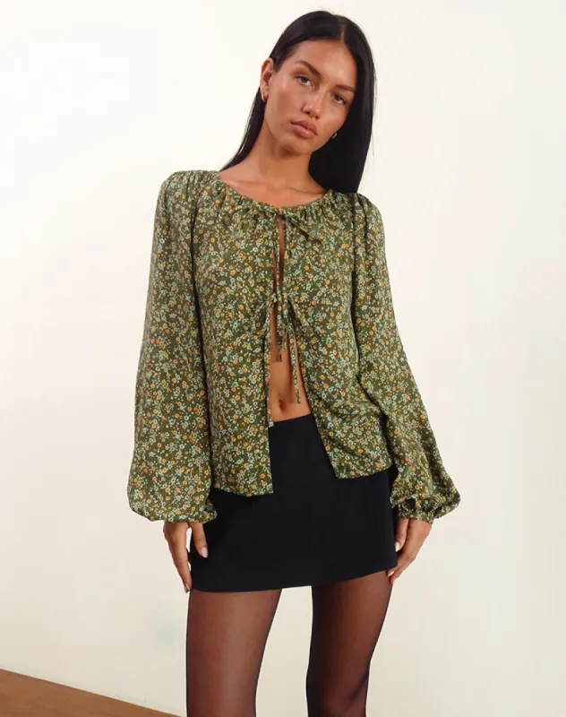 Modeta Tie Top in Grunge Floral Khaki sold by Motel Rocks