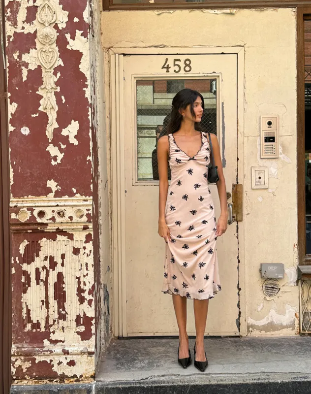 Gandira Midi Dress in Cluster Ditsy Floral Flock Nude sold by Motel Rocks